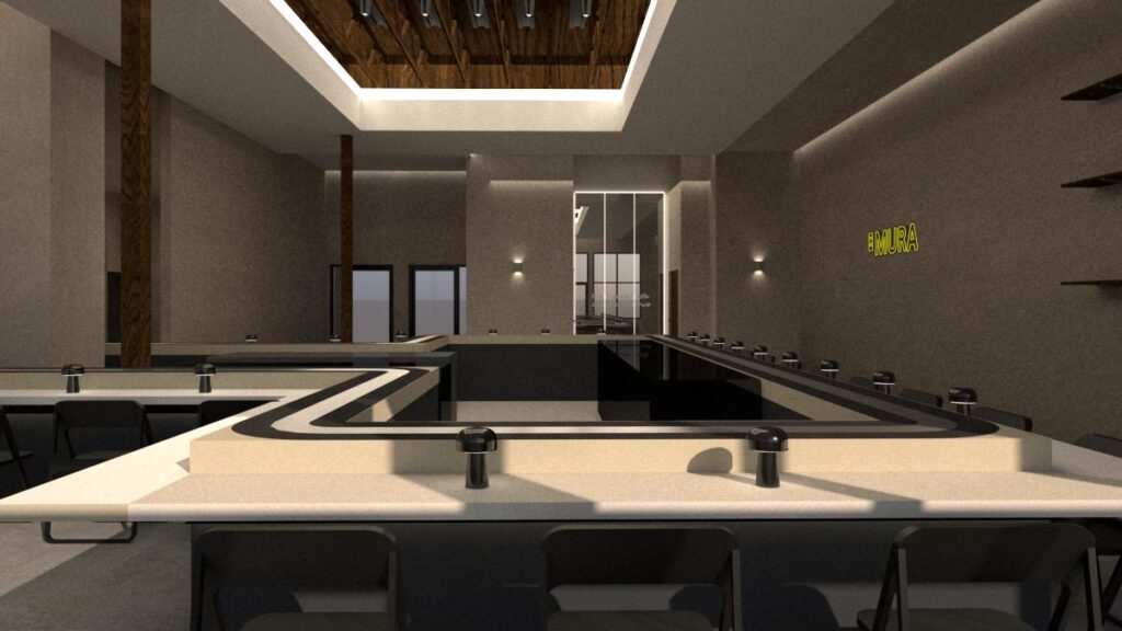 A computer rendering that shows the interior of Mura Bar and Bakery