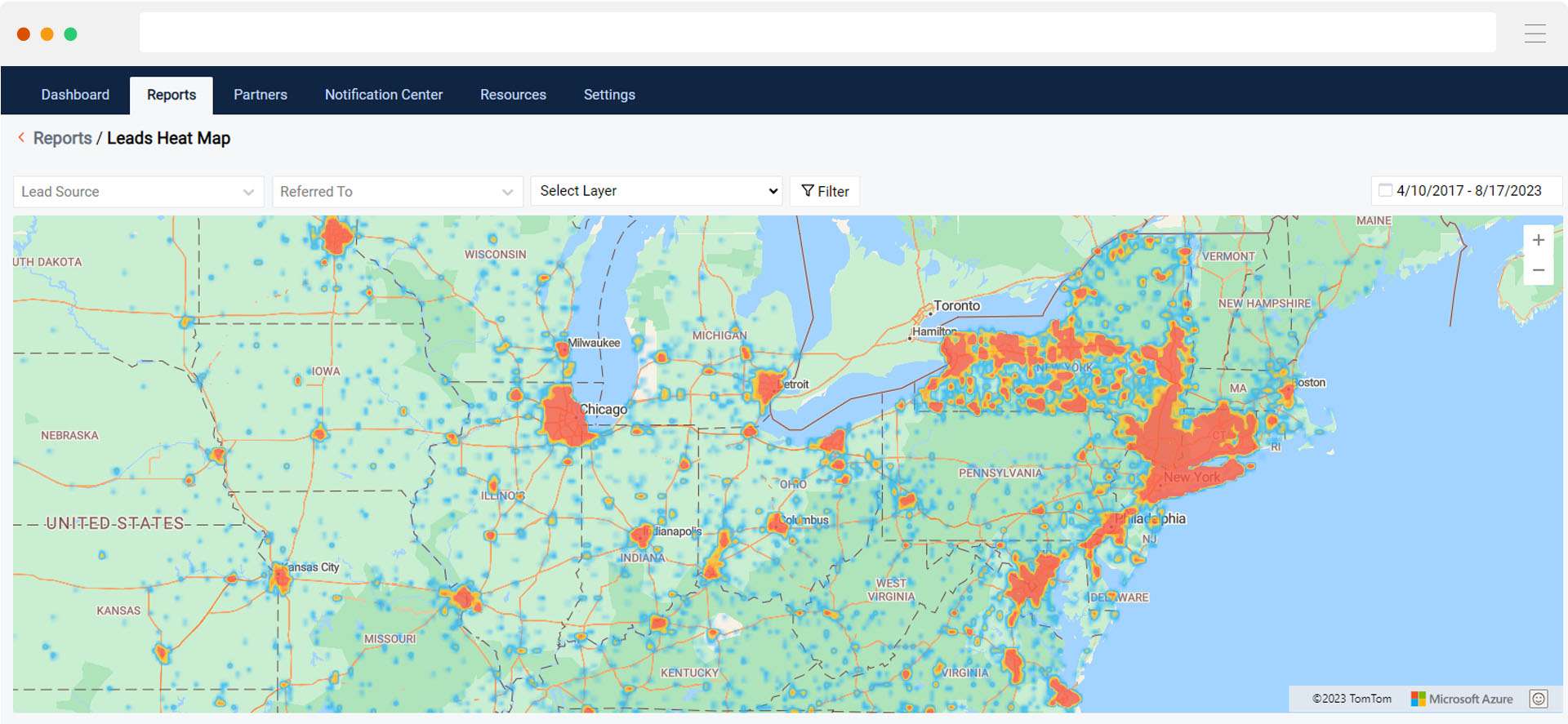 Heatmap report of businesses across the U.S.