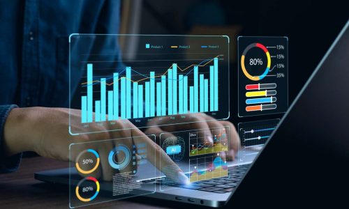 Businessman works on laptop Showing business analytics dashboard with charts, metrics, and KPI to analyze performance and create insight reports for operations management. Data analysis concept.Ai